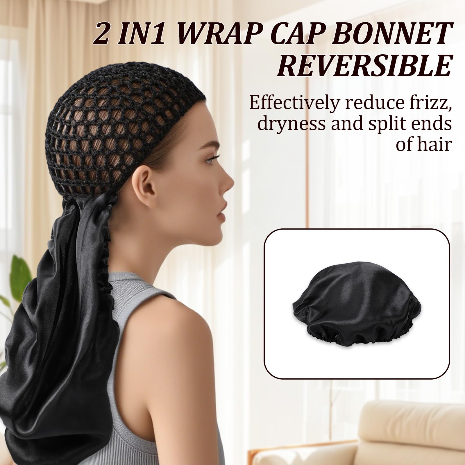 2-in-1 wrap cap bonnet adjustable tie band ensures secure overnight wear.