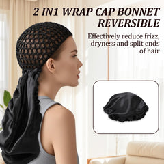2-in-1 wrap cap bonnet adjustable tie band ensures secure overnight wear.