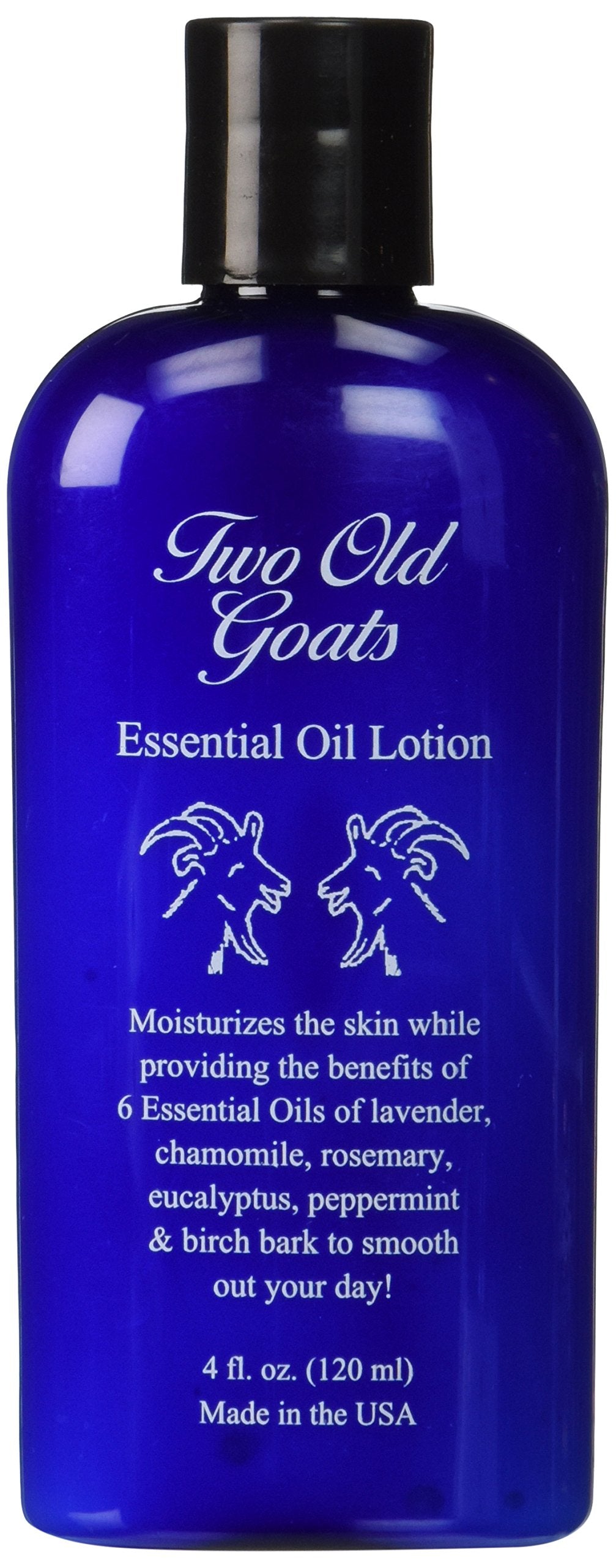 Two Old Goats Lotion bottle front highlighting moisturizing essential oil blend