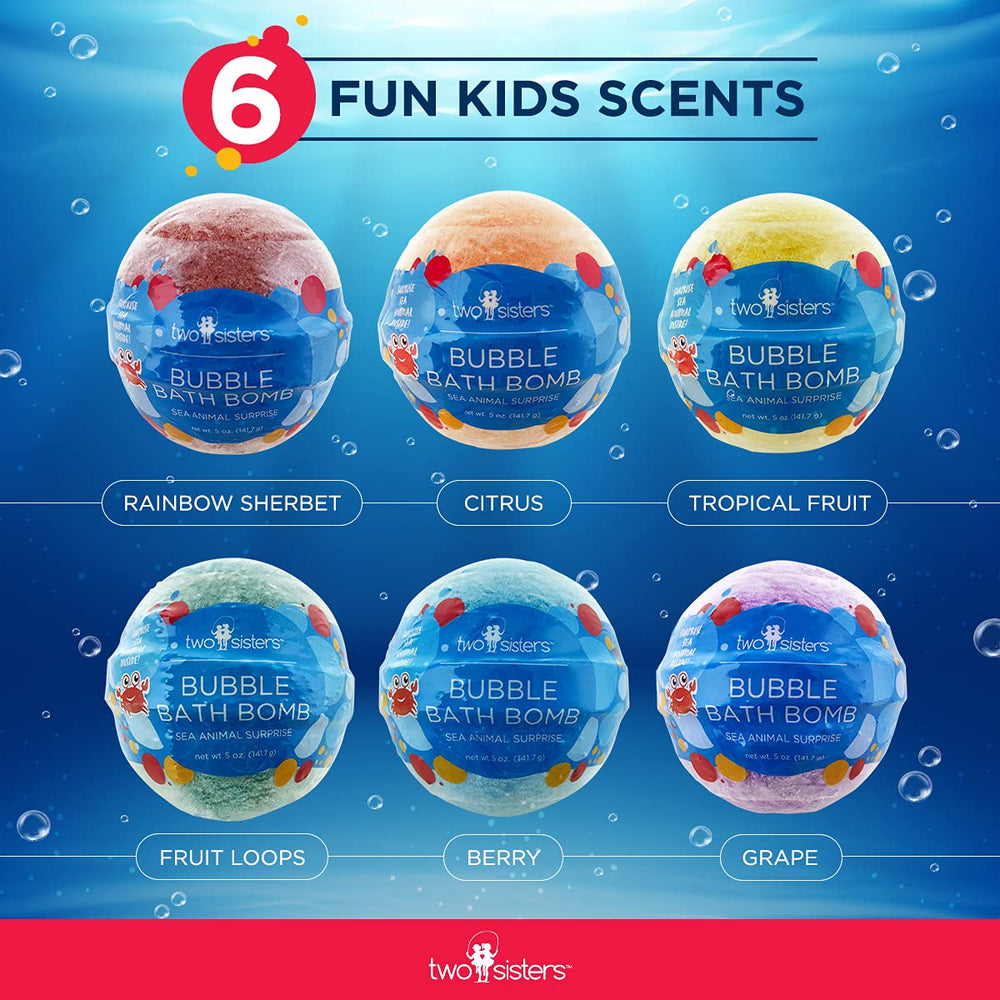 Two Sisters bath bombs releasing colorful bubbles and fruity aroma in water