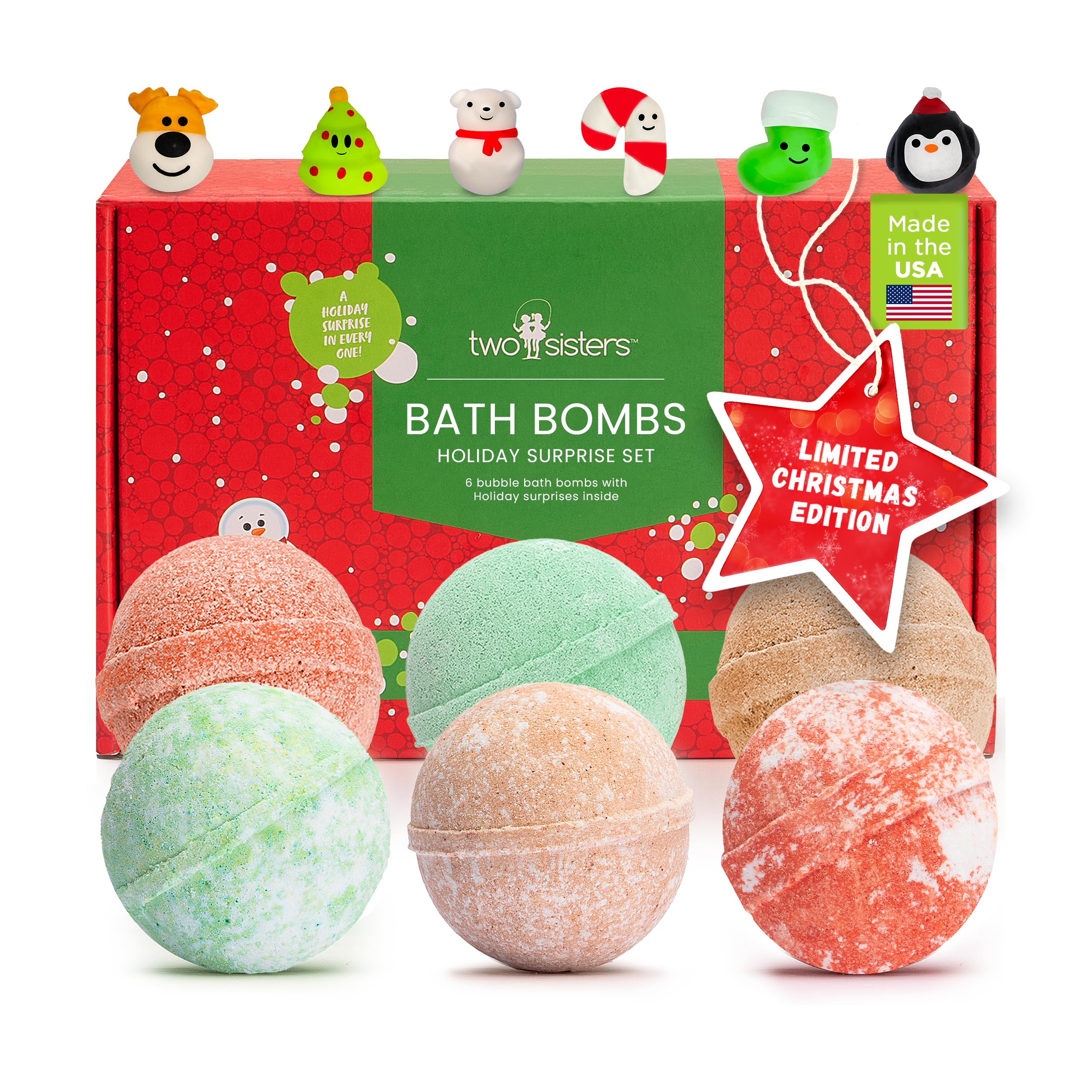 Two Sisters Christmas Bath Bombs pack front showcasing festive colors and gift-ready packaging.