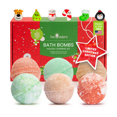 Two Sisters Christmas Bath Bombs pack front showcasing festive colors and gift-ready packaging.