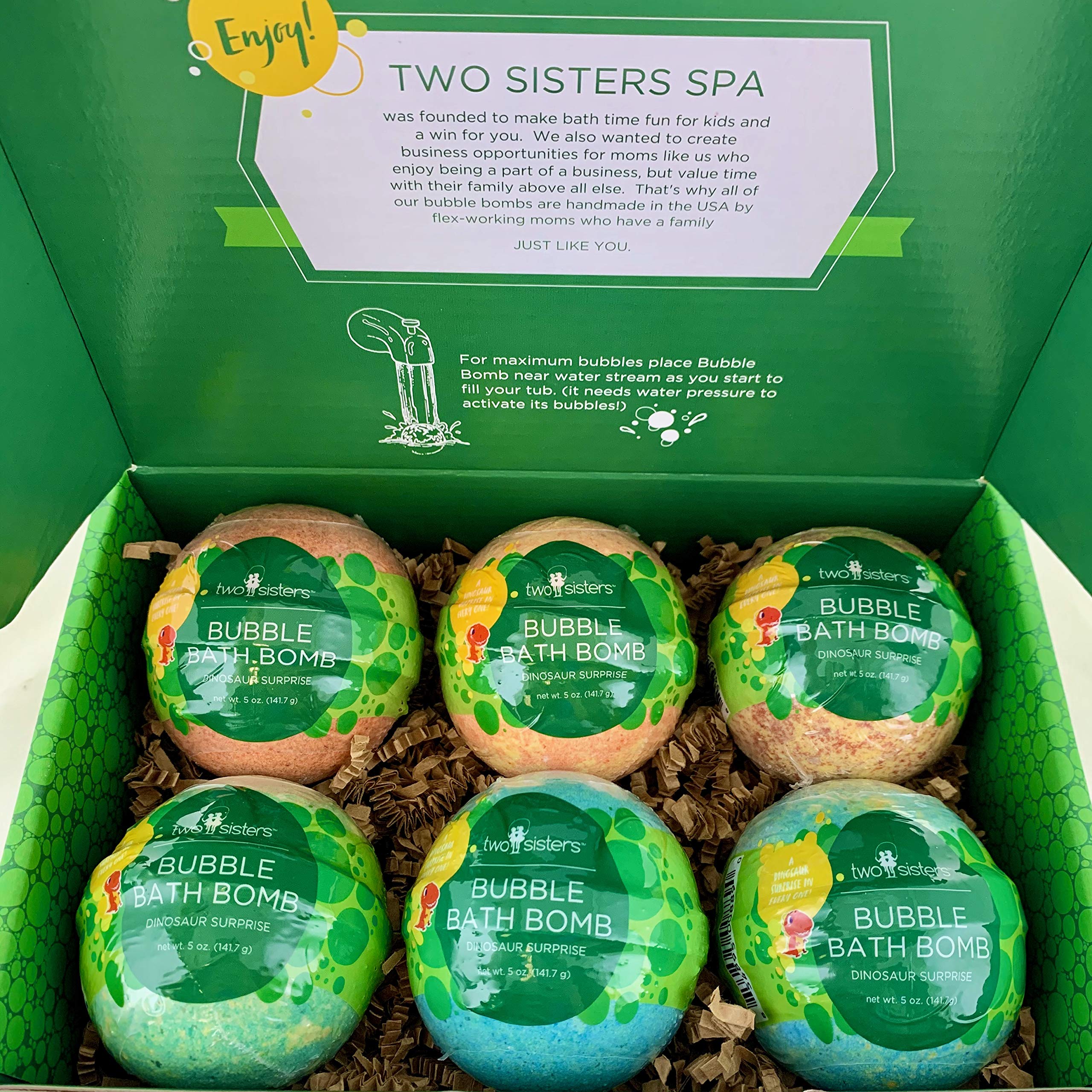 Two Sisters collectible dinosaurs inside bath bombs encourage curiosity.
