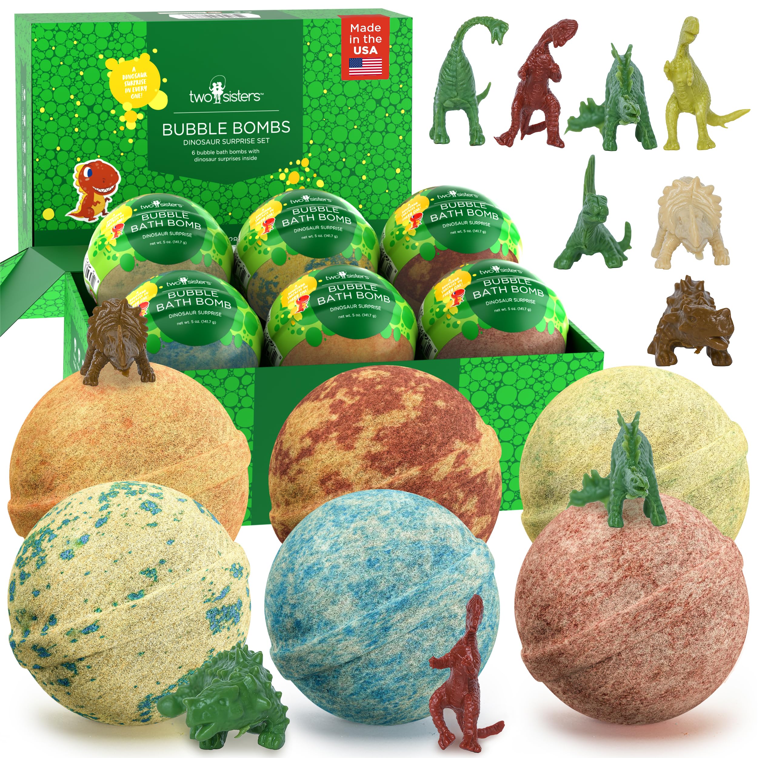 Two Sisters dinosaur bath bombs reveal a toy inside for engaging bath time play.