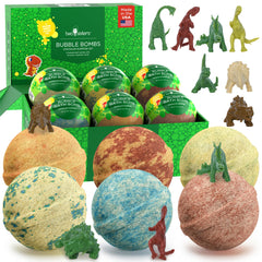 Two Sisters dinosaur bath bombs reveal a toy inside for engaging bath time play.