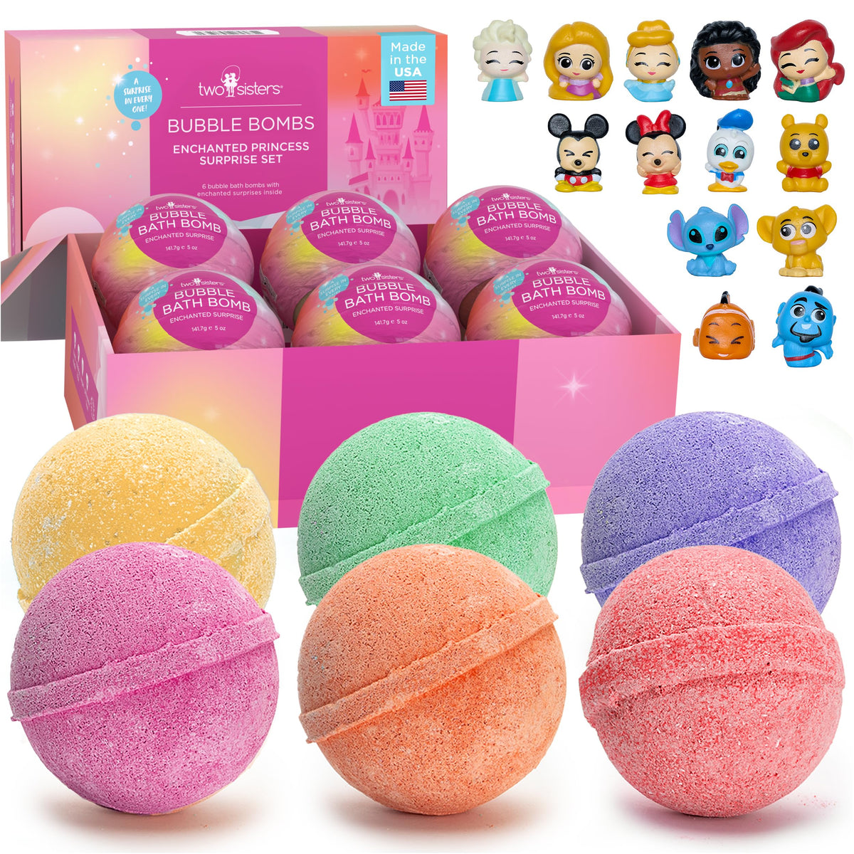 Two Sisters princess bath bombs 6-pack pack-shot with vibrant fizz and gift-ready packaging