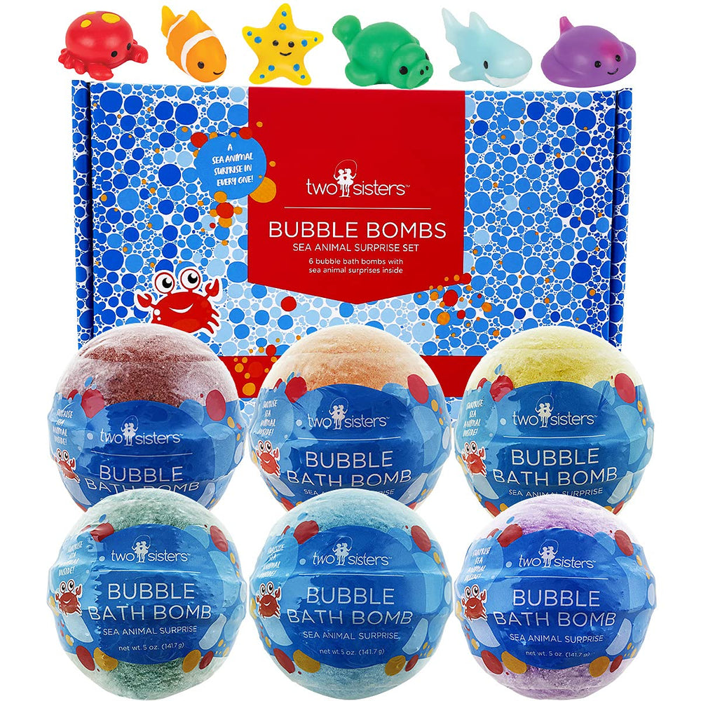 Two Sisters sea animal bath bombs in a 6-pack with vibrant colors and fizzing bubbles