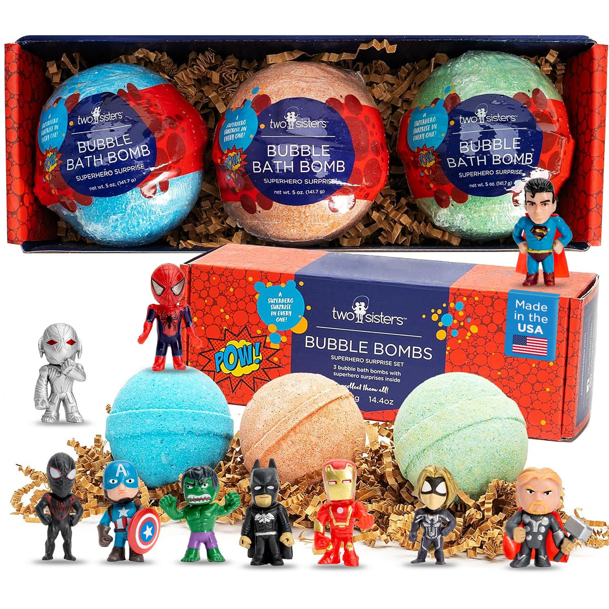 Two Sisters superhero bath bombs reveal a toy inside for kid-friendly surprises in a 3-pack