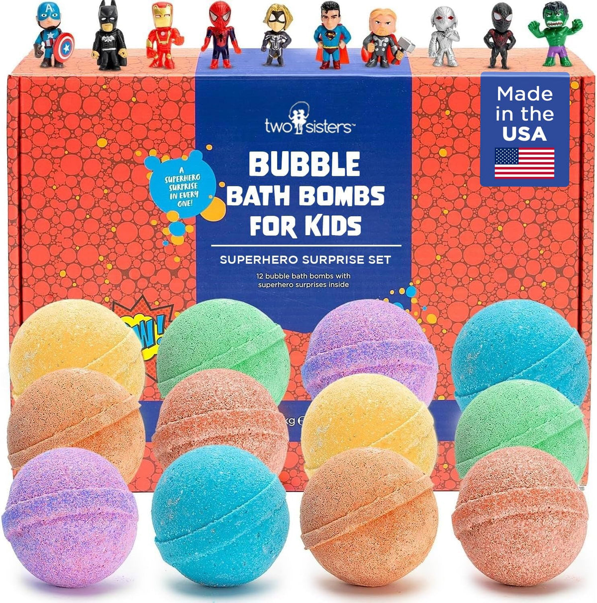 Two Sisters superhero bath bombs reveal surprise toys for imaginative bath play.