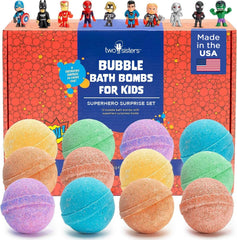 Two Sisters superhero bath bombs reveal surprise toys for imaginative bath play.