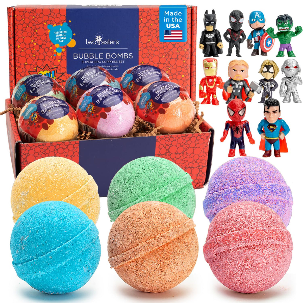 Two Sisters superhero bath bombs reveal a surprise toy during a colorful, bubbly bath