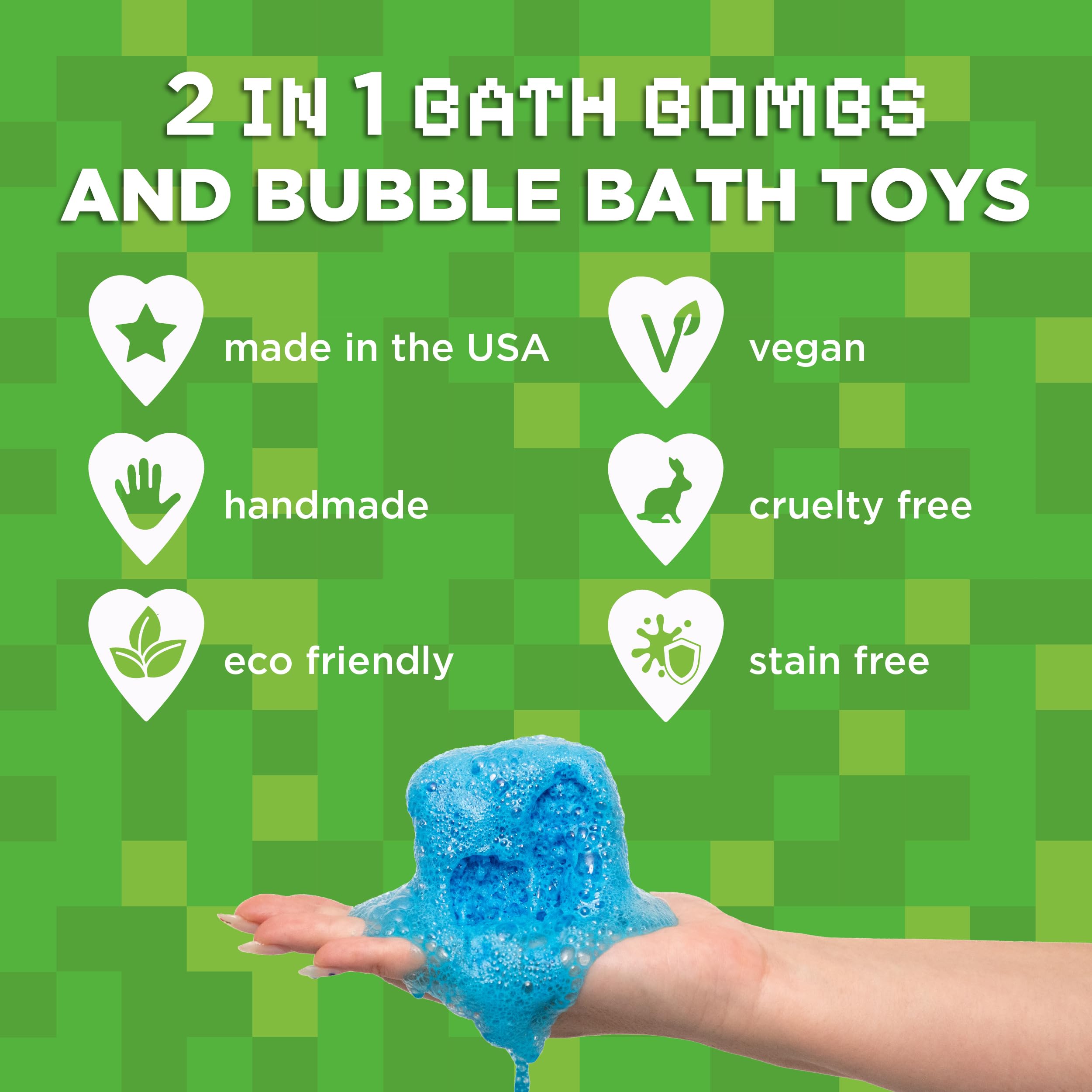 Two Sisters TNT Creeper bath bombs made in USA with kid-friendly formula.