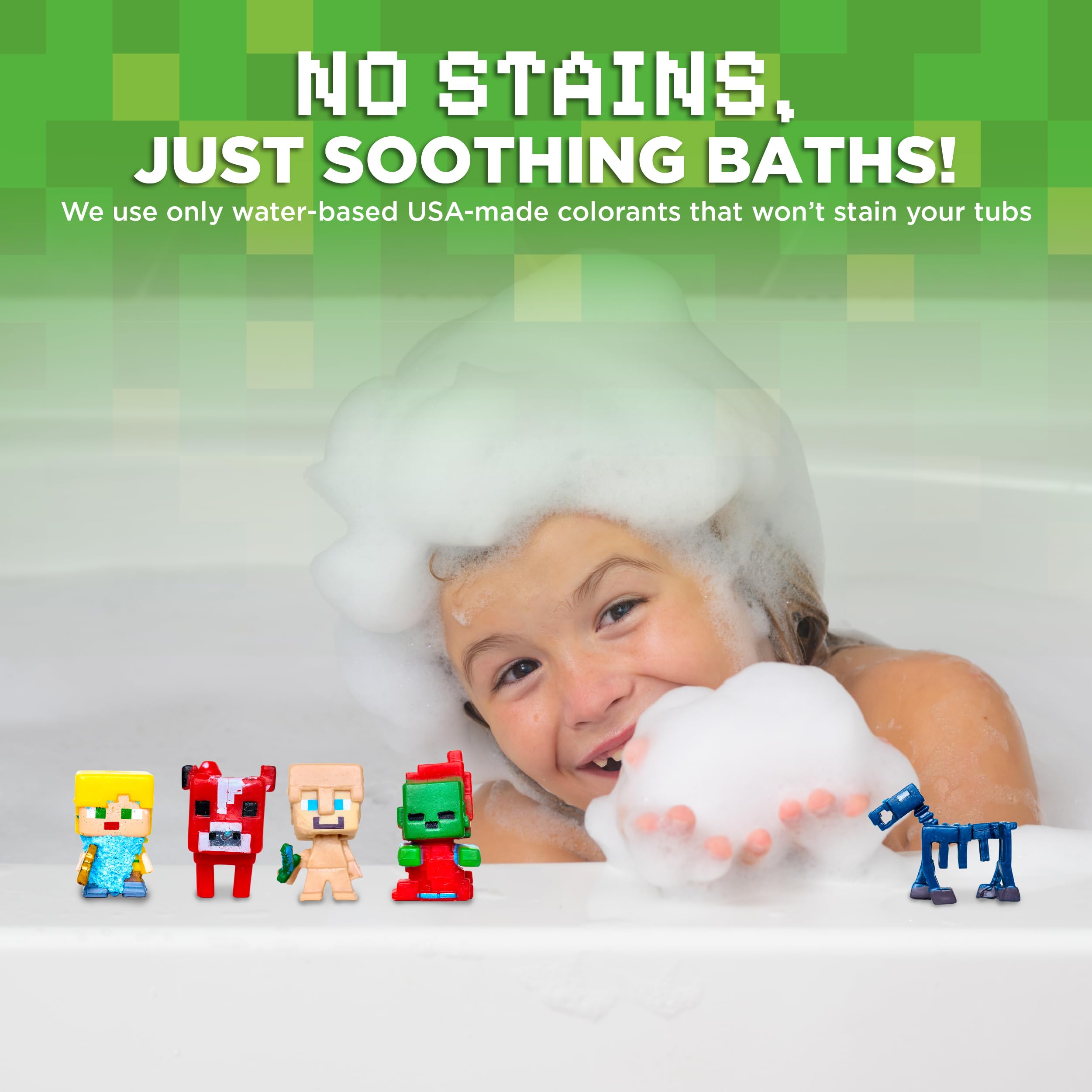 Two Sisters TNT Creeper bath bomb reveals collectible figure during soak.