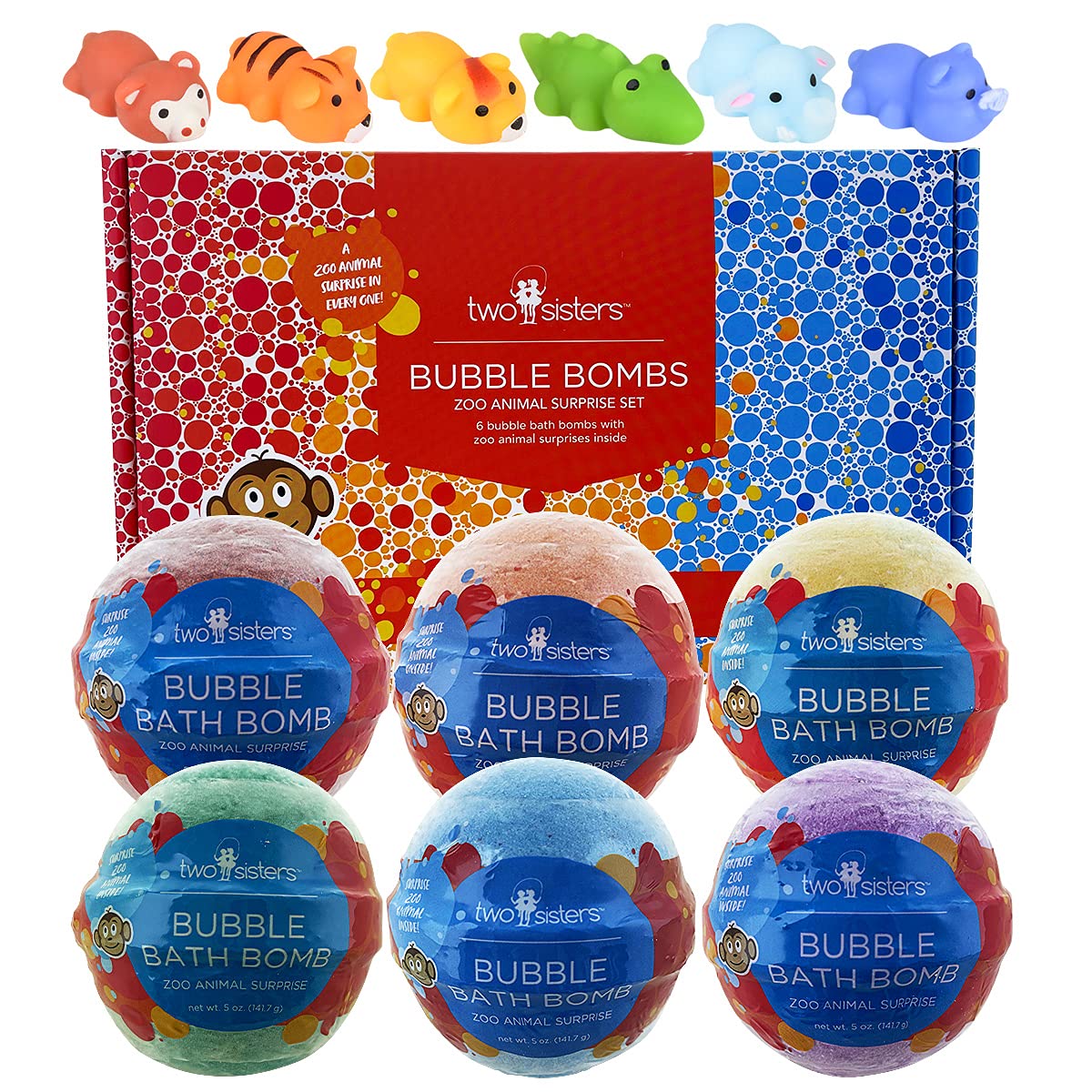 Two Sisters zoo animal bubble bath bomb pack6 with vibrant colors for bath time fun.