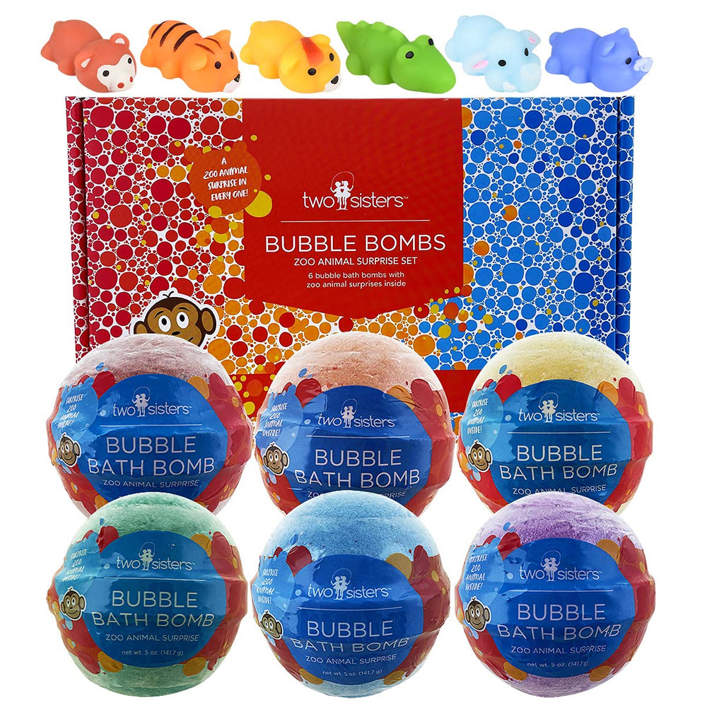 Two Sisters zoo animal bubble bath bomb pack6 with vibrant colors for bath time fun.
