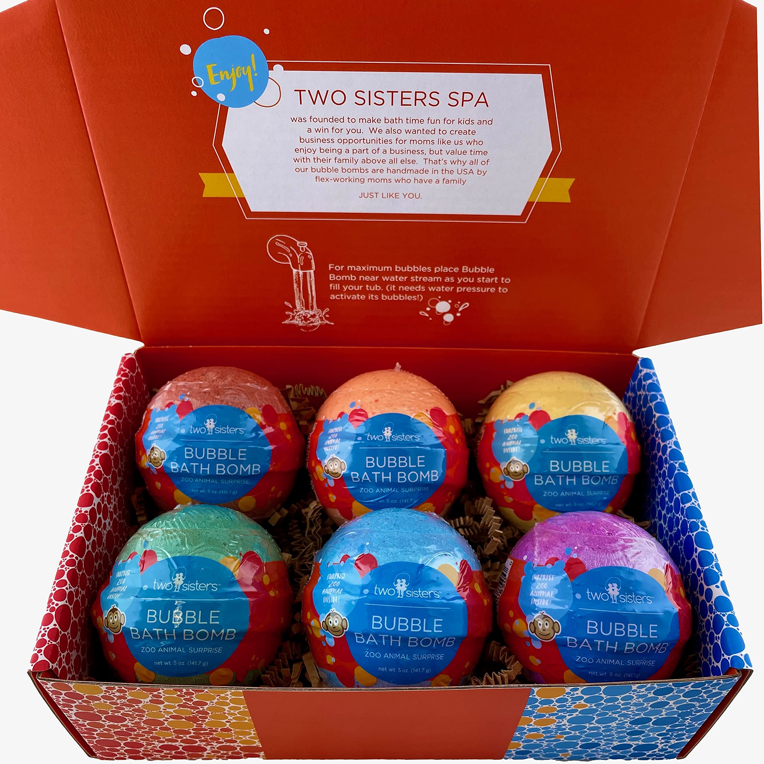 Two Sisters bubble bath water with bright colors and bubbles in tub.