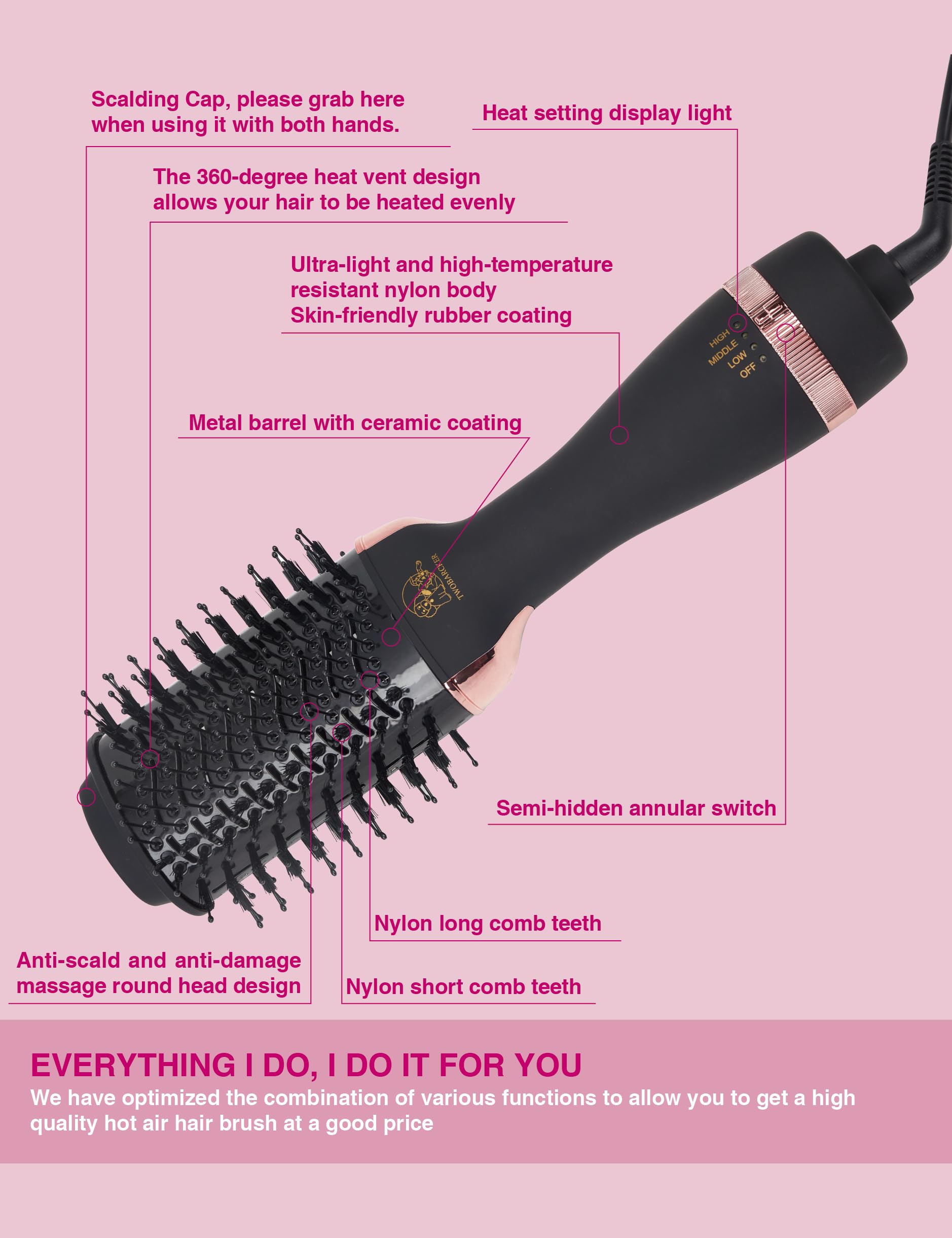 TWOBARCKER three heat settings for thick or thin hair at quick styling.