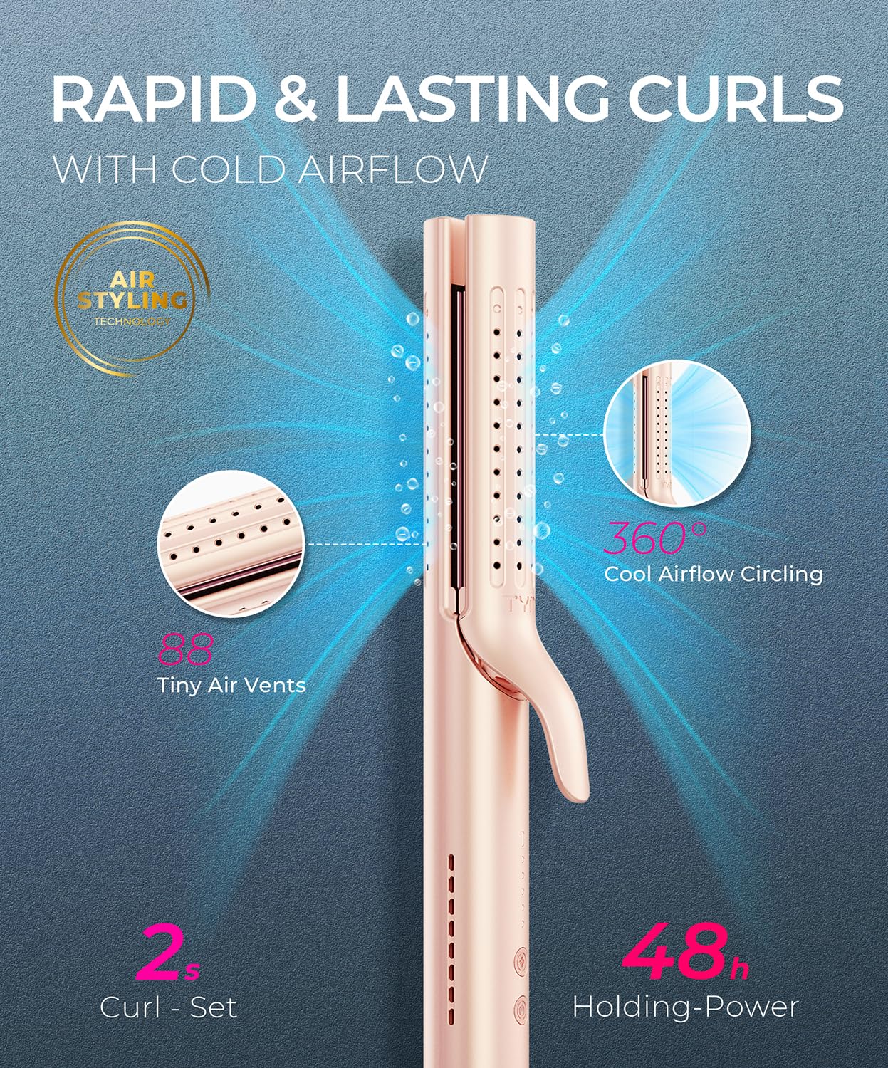 TYMO Airflow 2.0 curling iron ionic vents closeup highlighting cooling