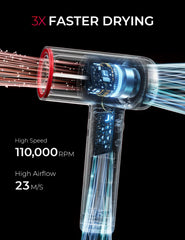 TYMO AIRHYPE Lite motor closeup highlights 110,000 RPM brushless motor for fast drying.