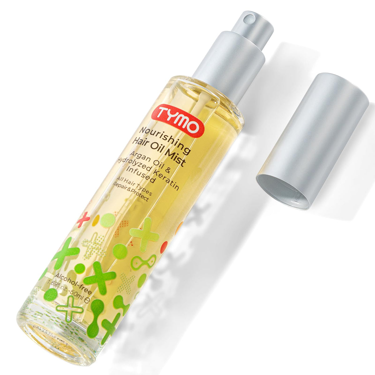 TYMO Argan Hair Oil Spray bottle highlights lightweight hydration for frizz control.