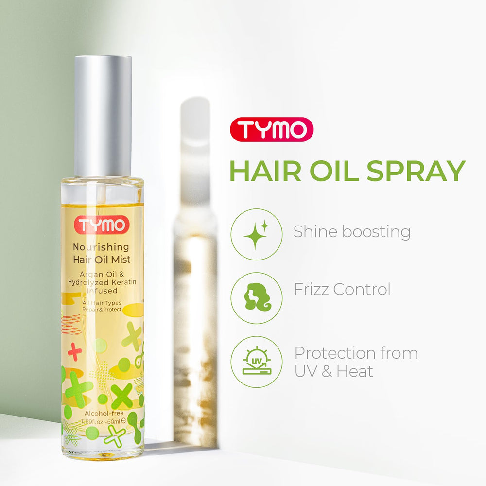 TYMO Argan Hair Oil Spray dispense action shows even application without greasiness.