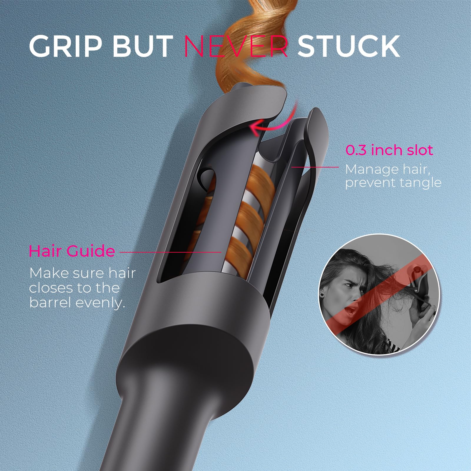 TYMO CURLPRO anti-scald 360 design closeup emphasizes safe, cool-to-touch styling.