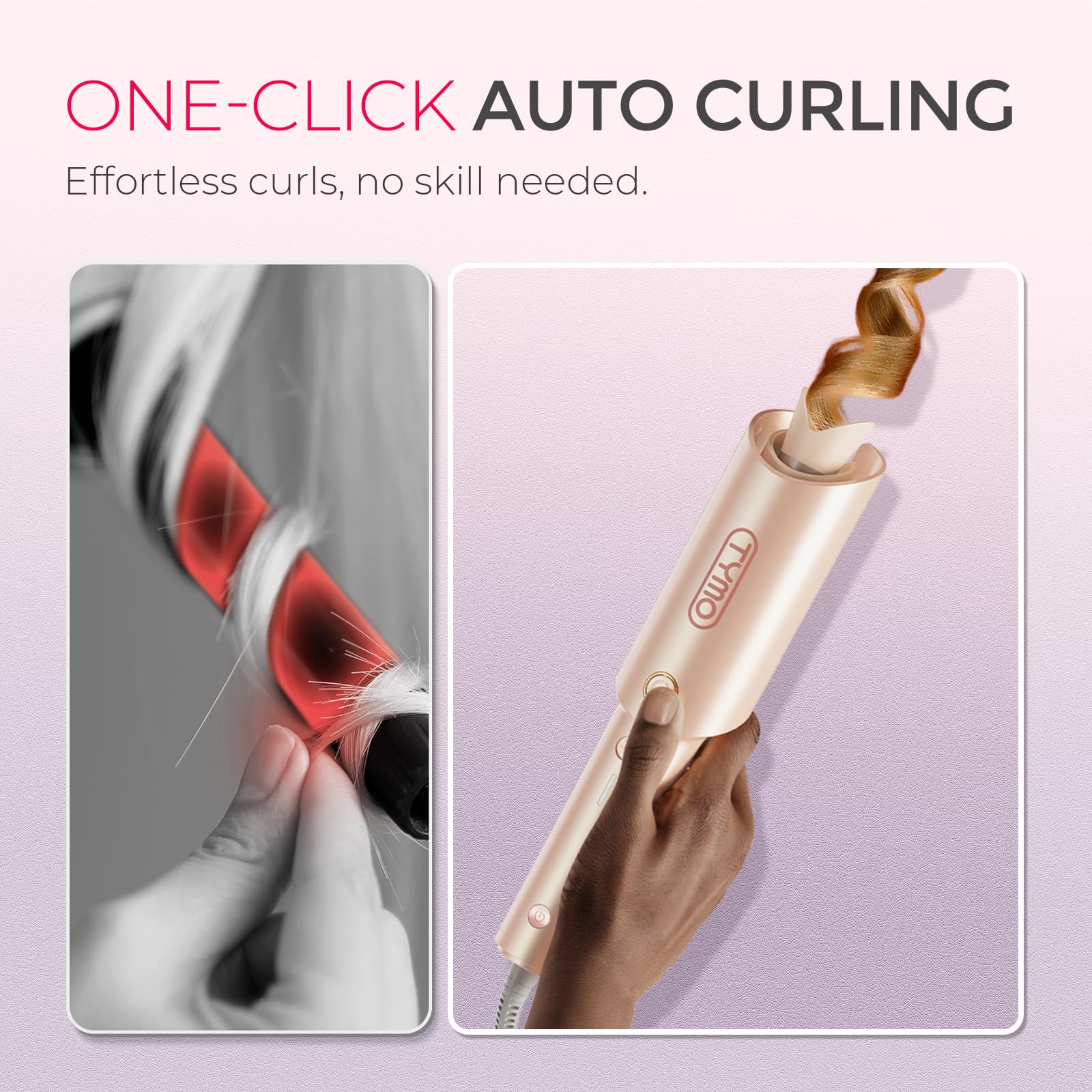 TYMO CurlPRO auto-rotate button enables easy, hands-free styling