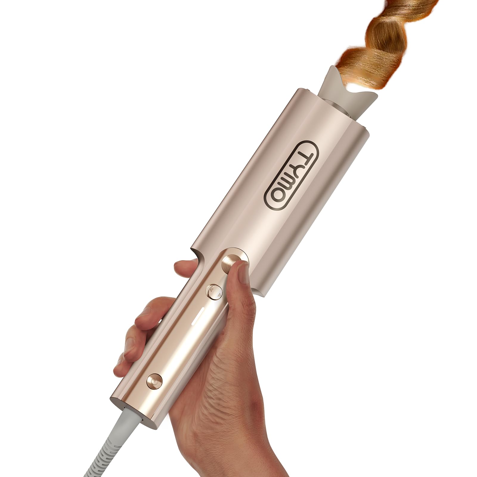 TYMO CurlPro Plus long-barrel curling iron top view showing ergonomic design for smooth long hair curls.