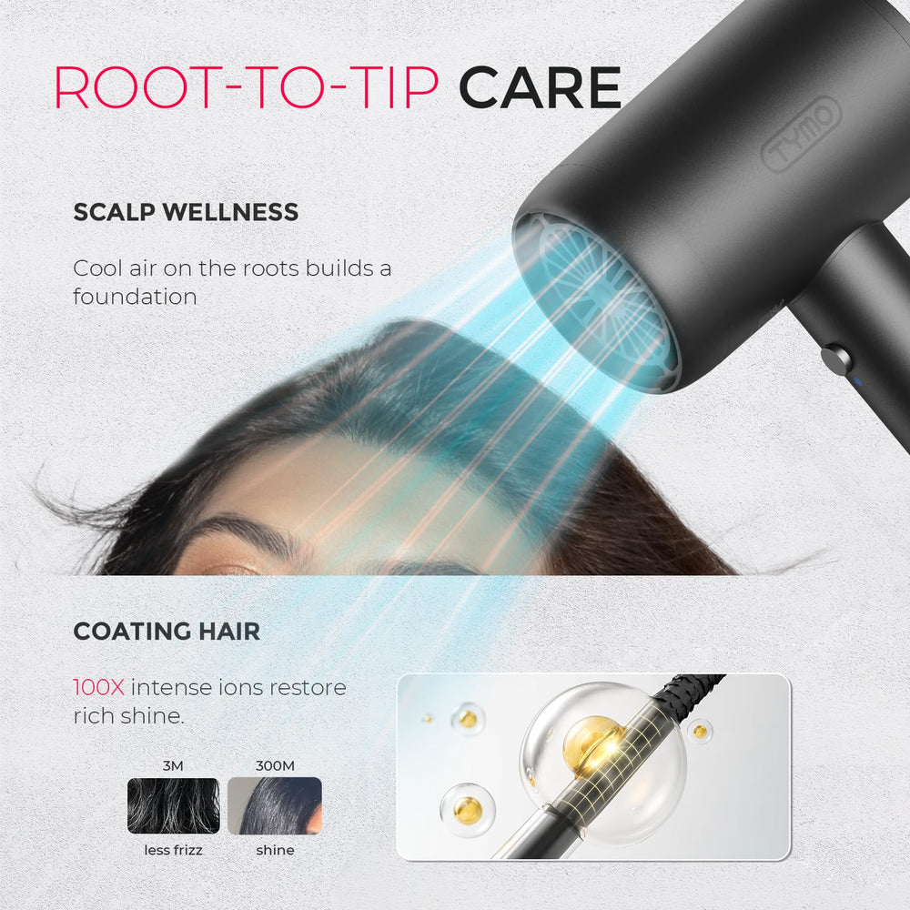 TYMO 300-million-ionic technology reduces frizz and adds shine.