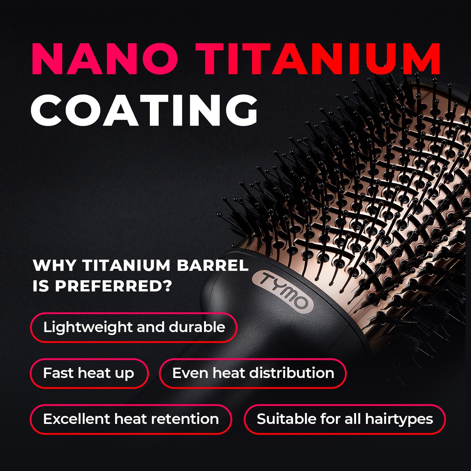 TYMO hair dryer brush oval titanium barrel delivers smooth even heating