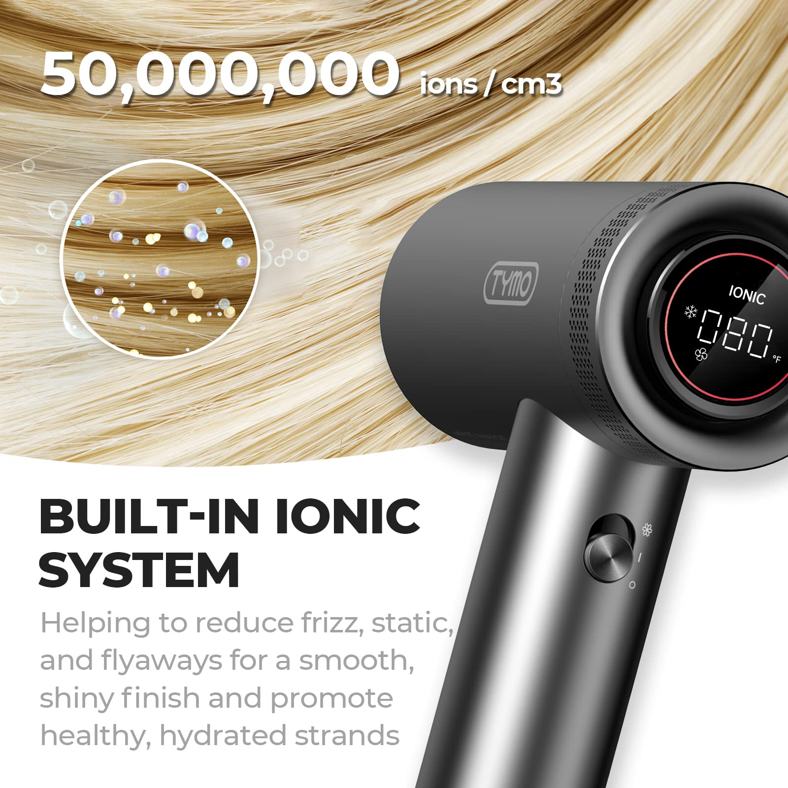 TYMO hair dryer LCD display shows heat and speed at a glance.