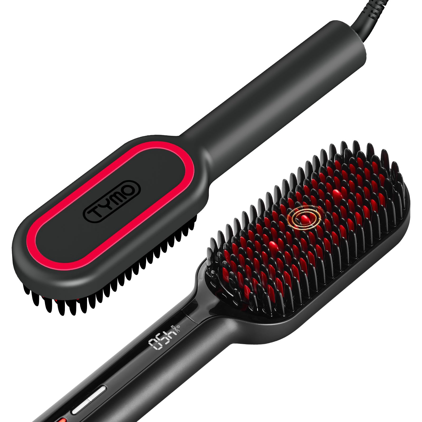 TYMO hair straightener brush with dense bristles for faster, smoother styling.