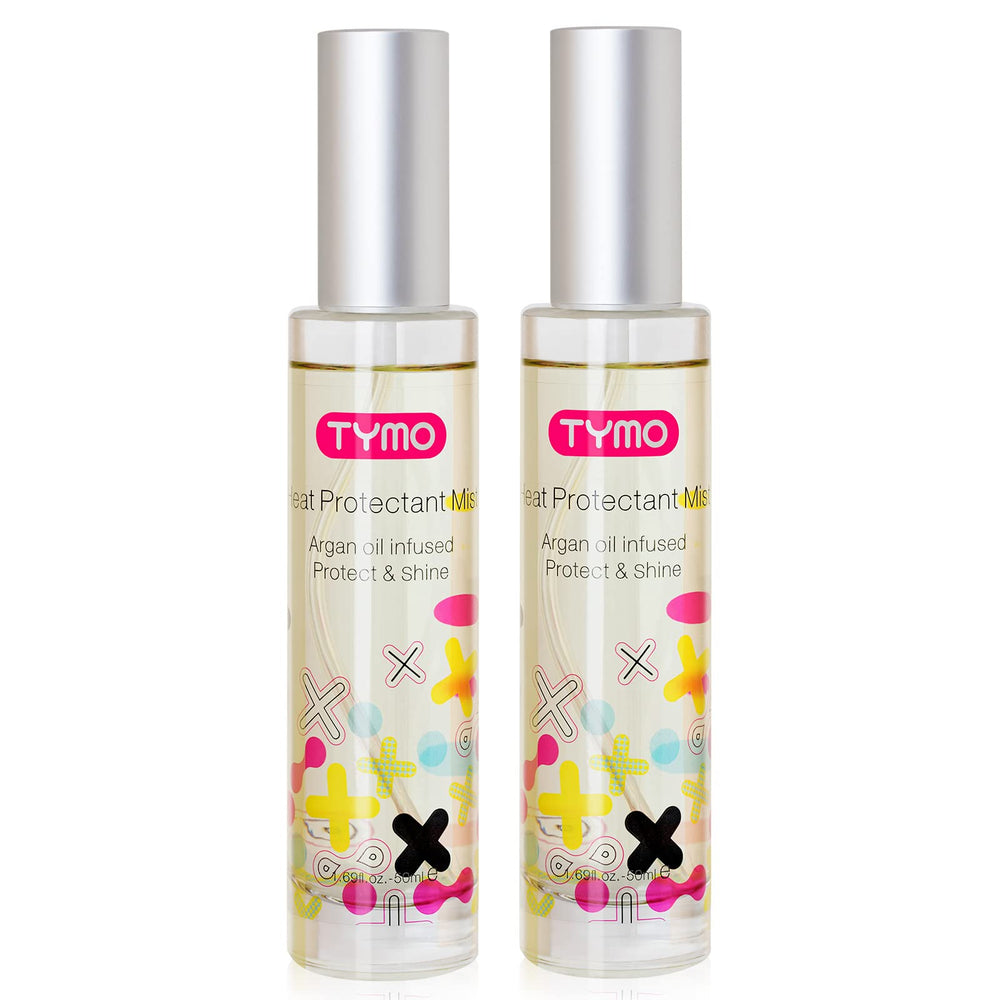 TYMO heat protectant bottle with argan oil nourishes hair during styling
