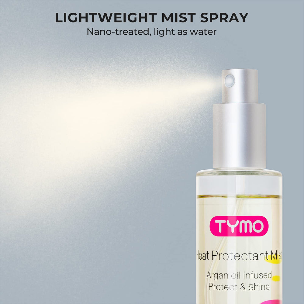 TYMO heat protectant close-up emphasizes argan oil hydration for healthier-looking hair