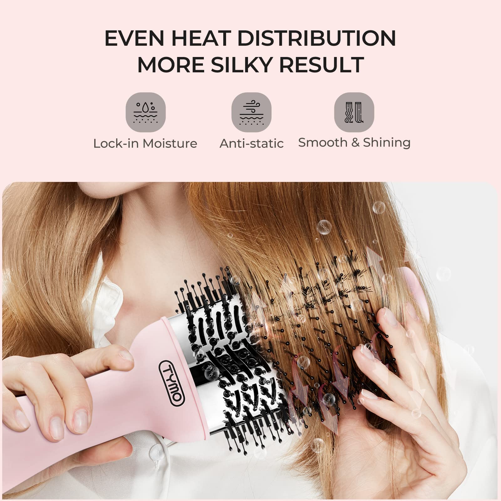 TYMO Pink Volumizer 360-degree vent image highlights faster drying and lasting volume.