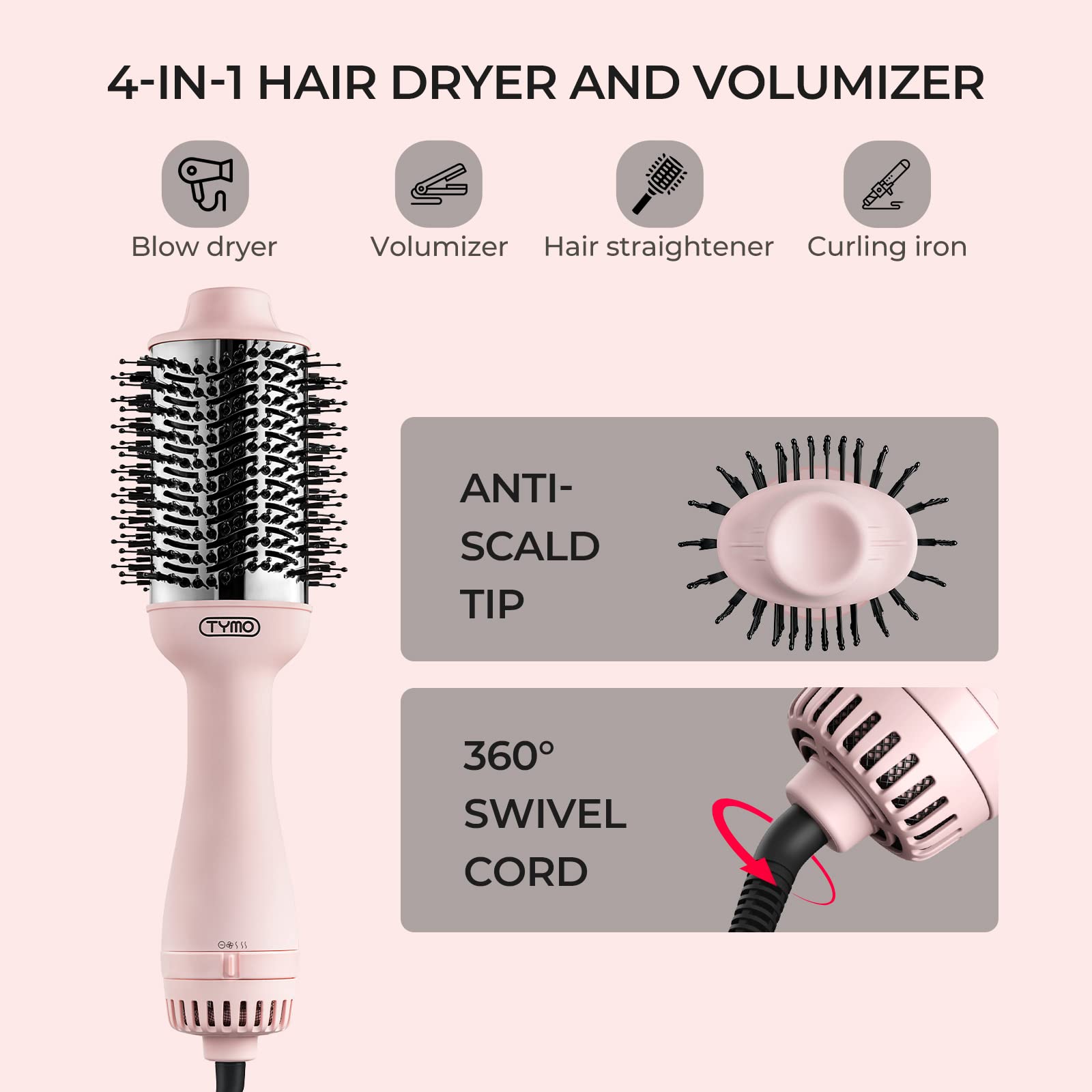 TYMO Pink Volumizer with ionic technology image shows frizz reduction and sleek finish.