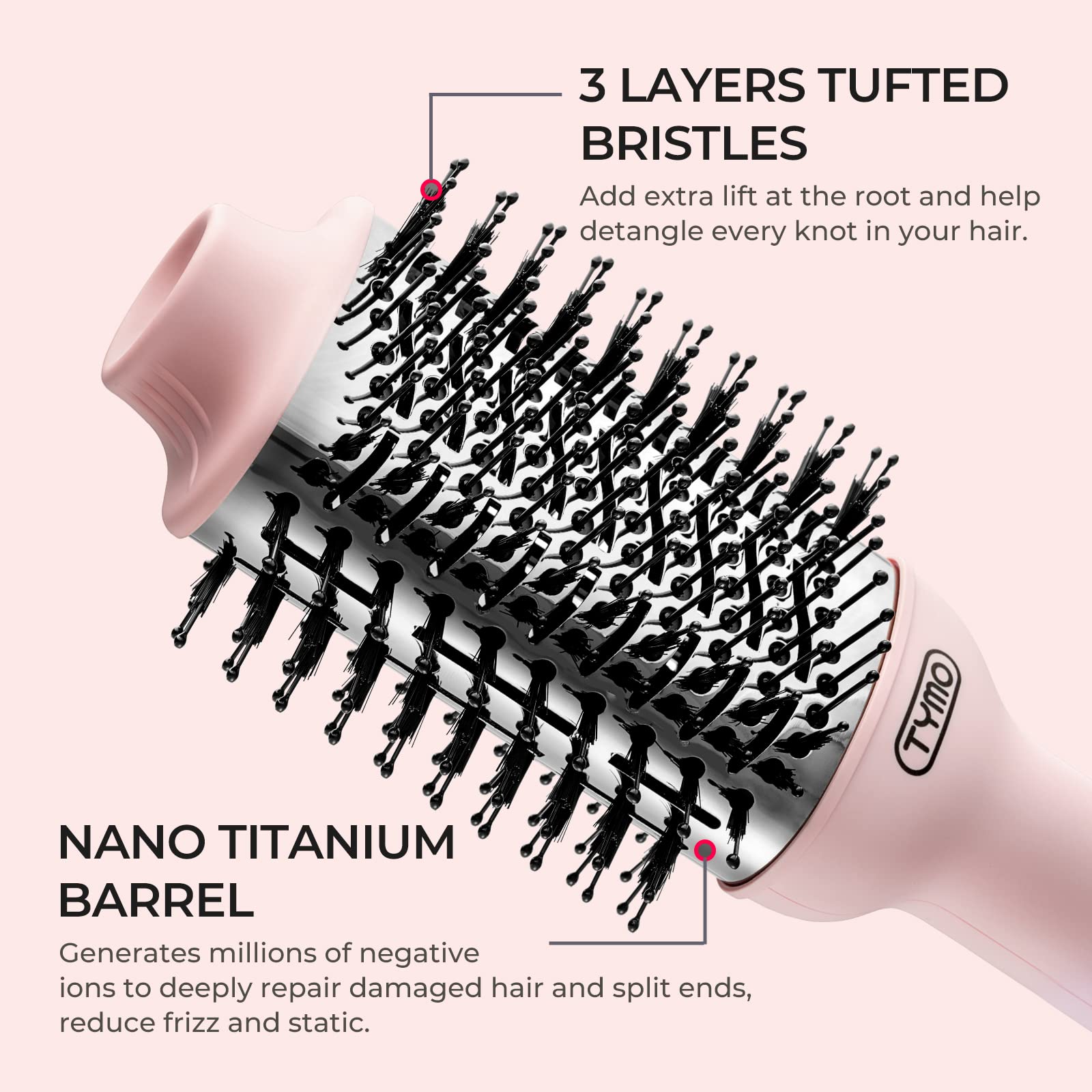 TYMO Pink Volumizer patent bristle design supports root lift and detangling.