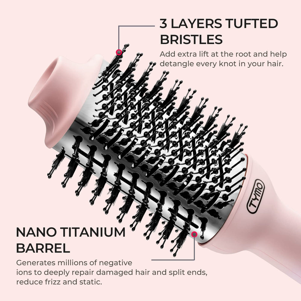 TYMO Pink Volumizer patent bristle design supports root lift and detangling.