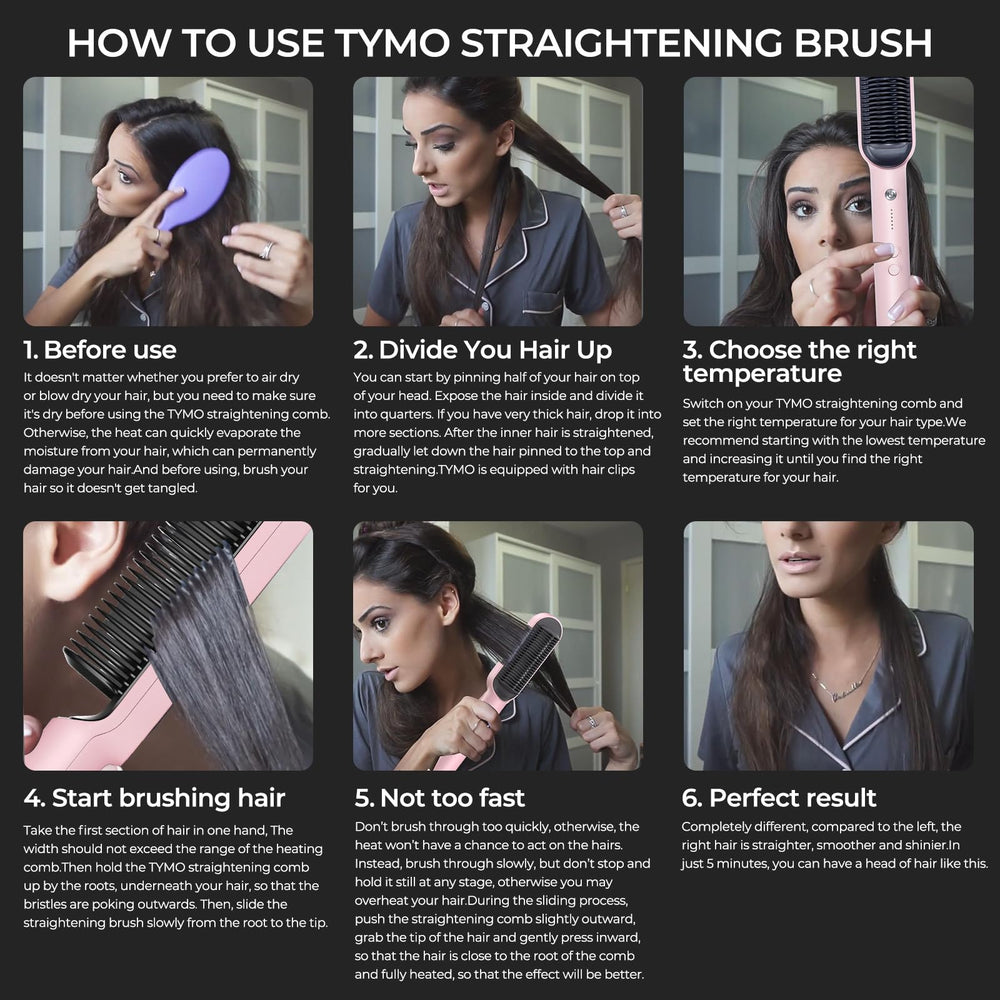 TYMO Ring Hair Straightener Brush in-use view suggests professional results at home