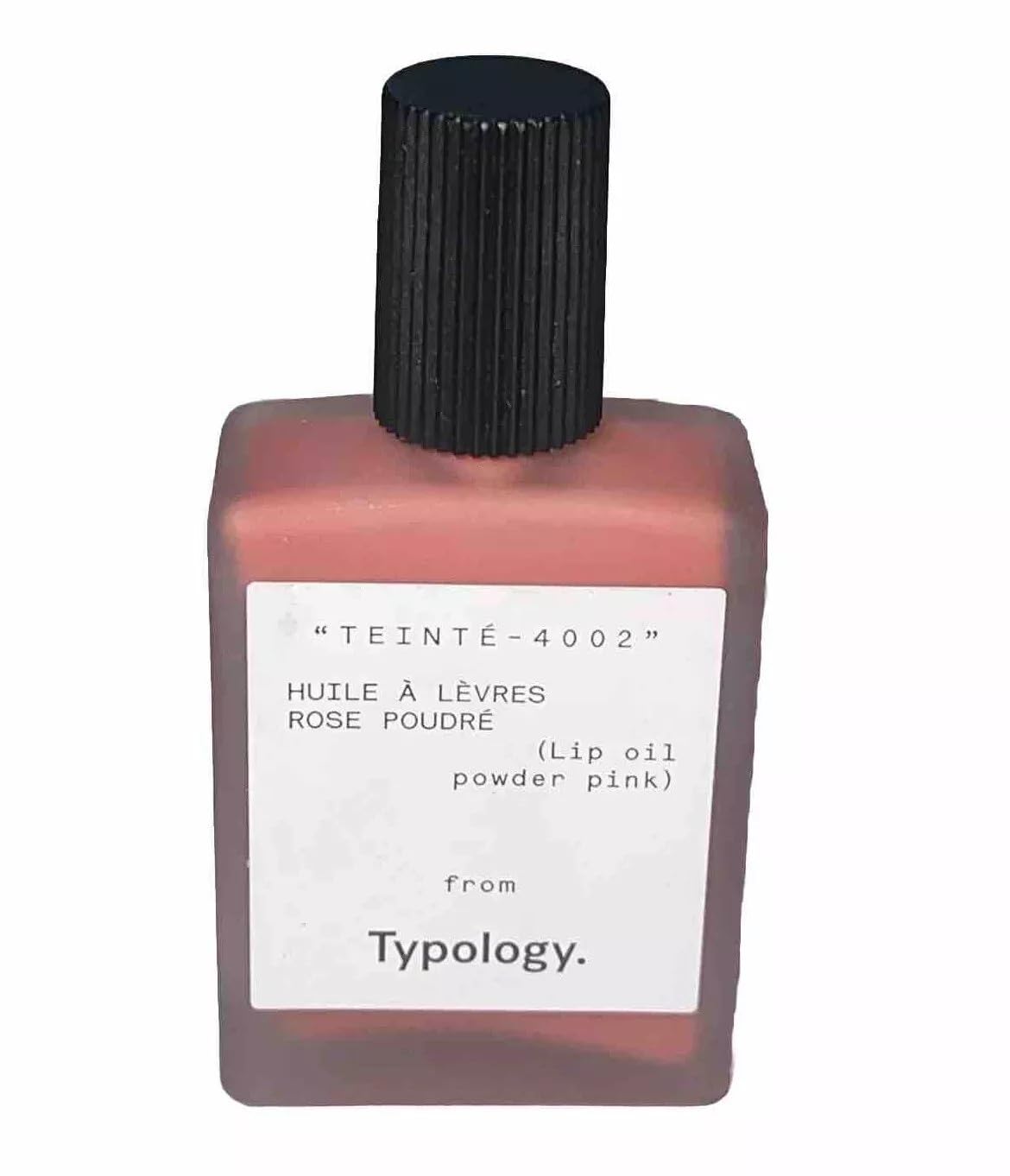 Typology Tinted Lip Oil Powder Pink applied on lips for nourished, glossy color.