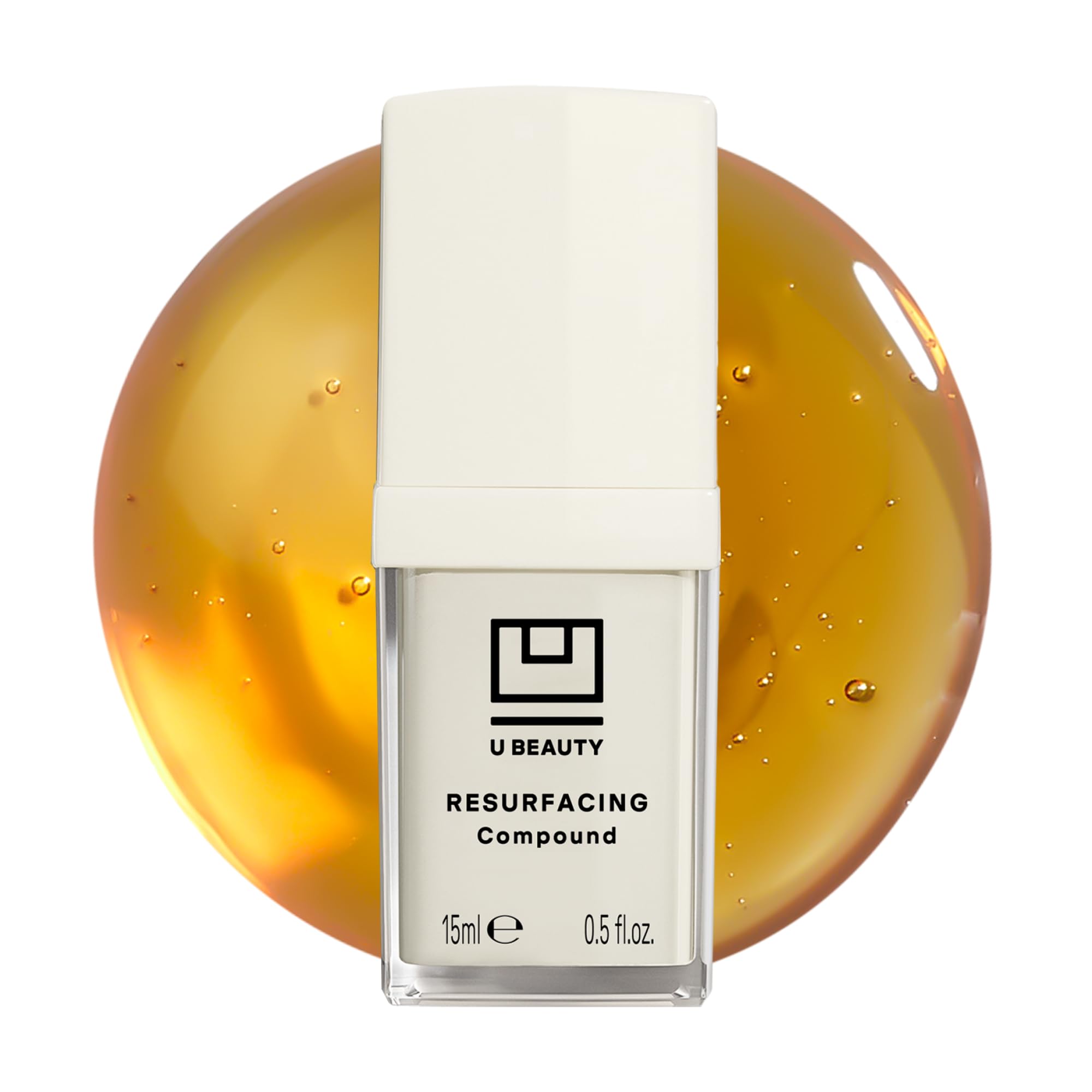 U Beauty Resurfacing Compound Serum bottle closeup for daily hydration and anti-aging look.