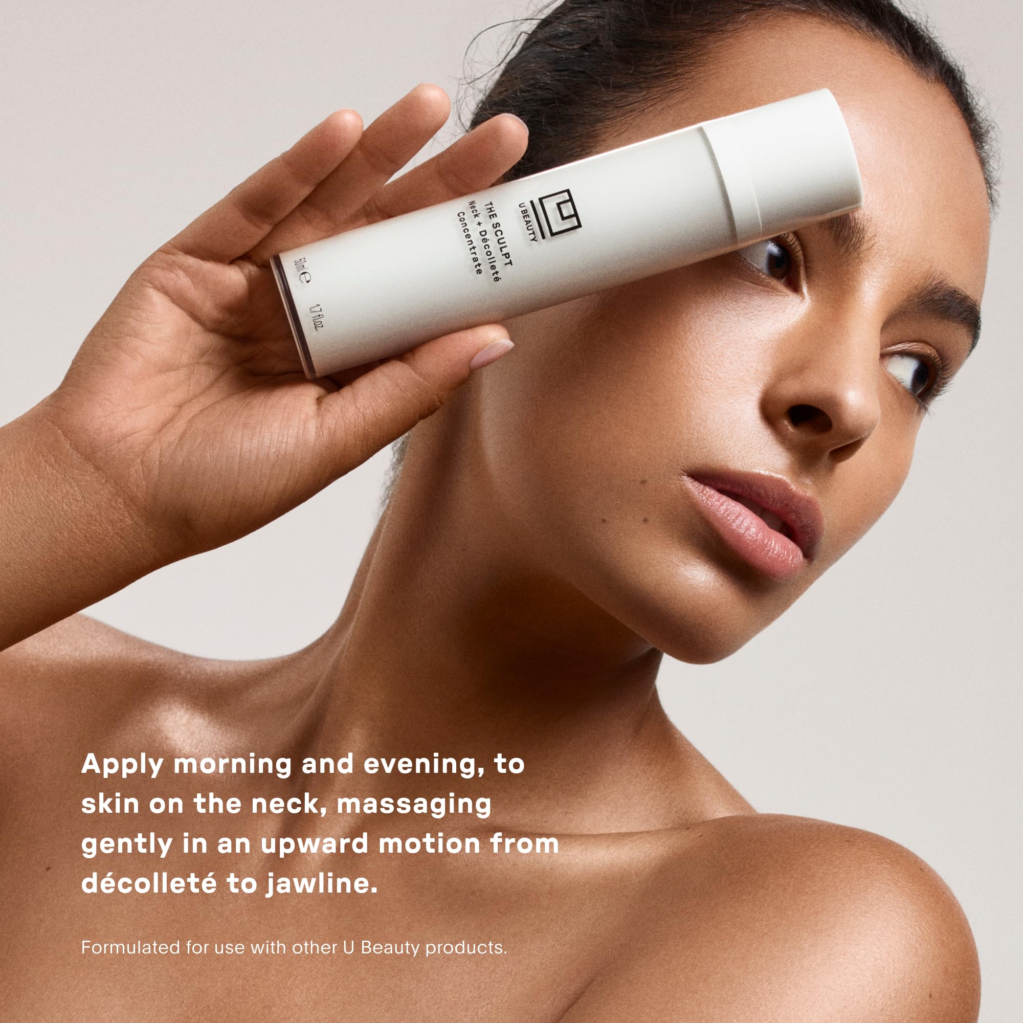 U Beauty SCULPT neck jawline contour hints at a lifted profile.