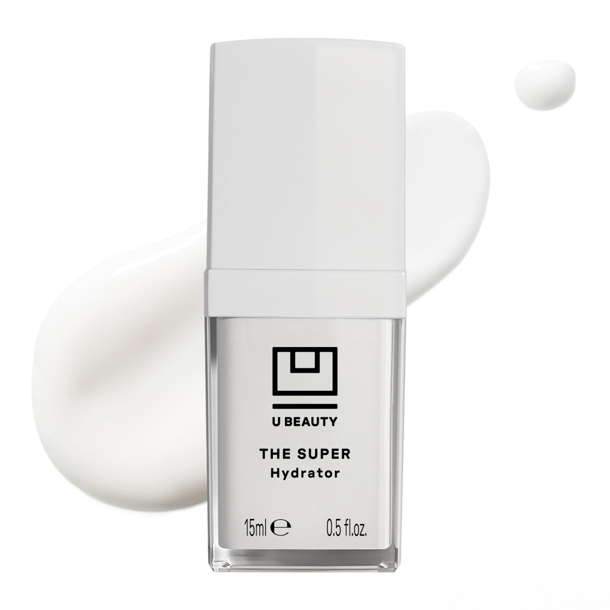 U Beauty The SUPER Hydrator bottle closeup shows a rich hydration emphasis for plump skin.