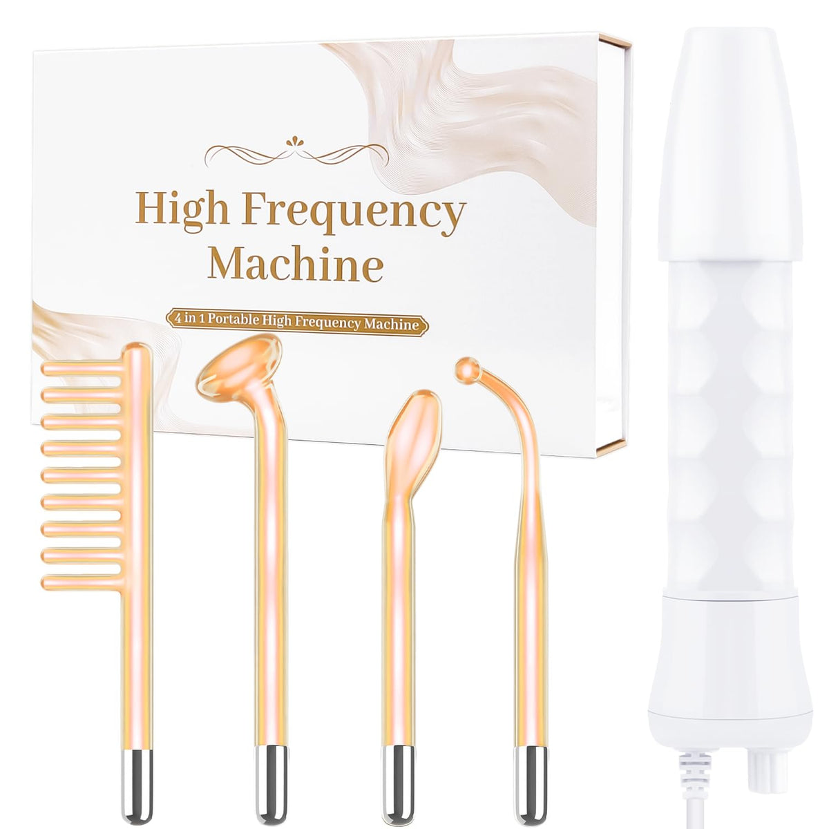 Uaike high frequency facial wand held in hand for at home skincare.