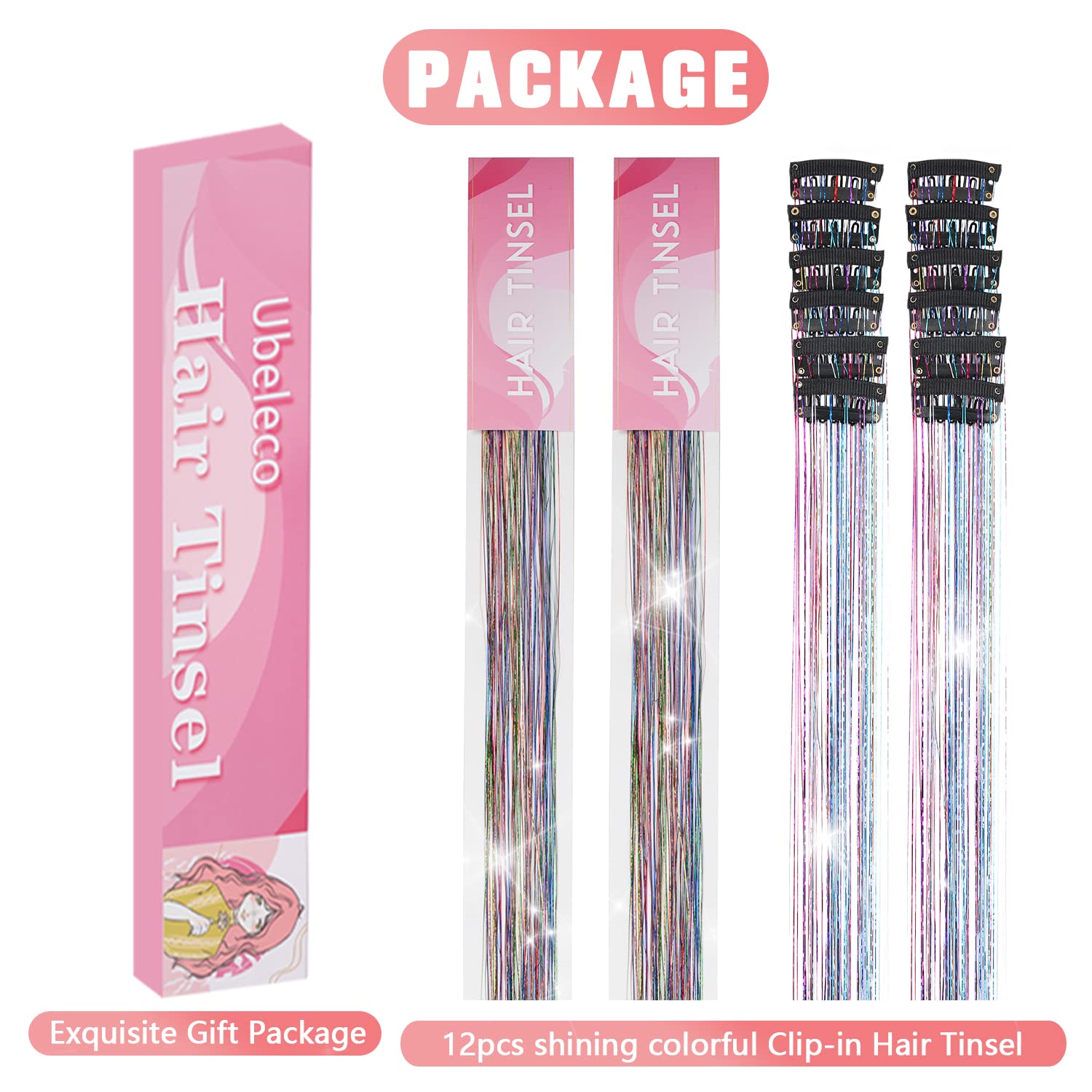 Ubeleco Colorful Hair Tinsel Kit application-on-hair shows lightweight, easy-to-wear sparkle.