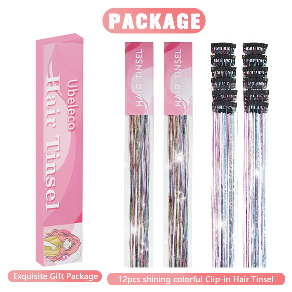 Ubeleco Colorful Hair Tinsel Kit application-on-hair shows lightweight, easy-to-wear sparkle.