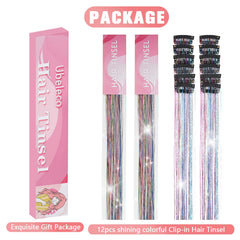 Ubeleco Colorful Hair Tinsel Kit application-on-hair shows lightweight, easy-to-wear sparkle.