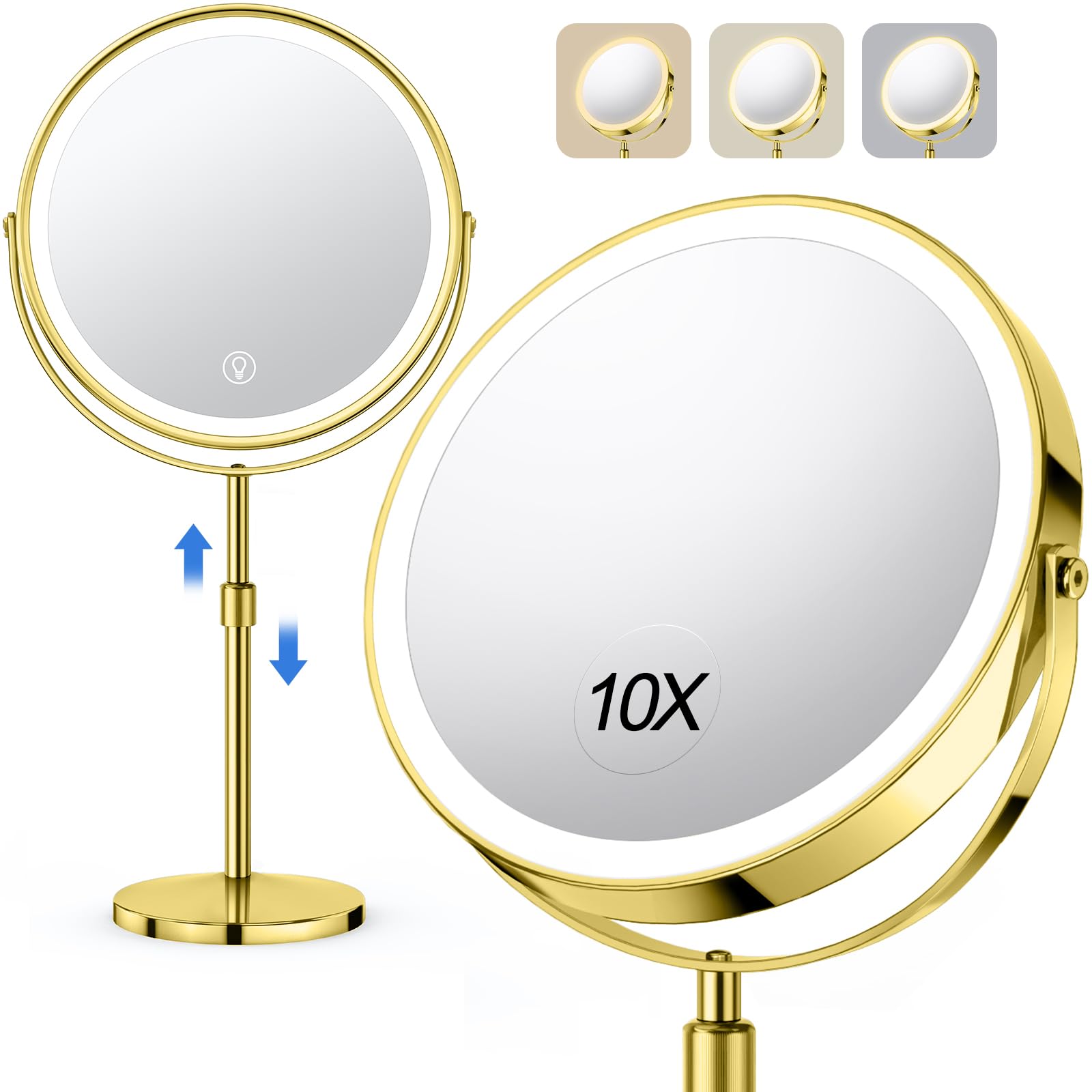 UBYMET 10X large vanity mirror full view in gold for a full-face makeup check