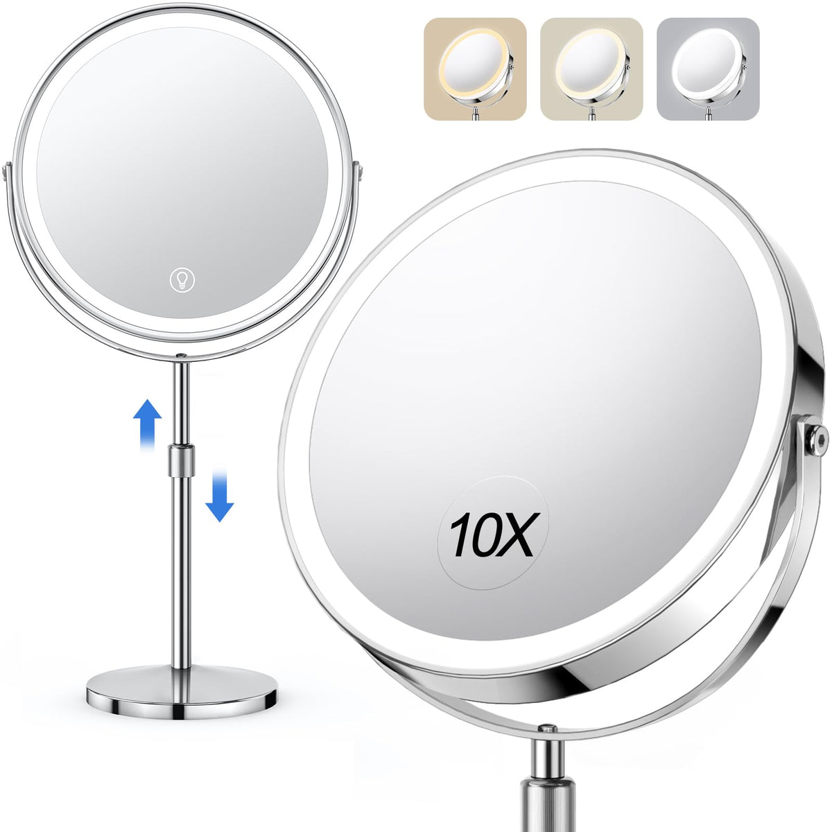 UBYMET lighted makeup mirror double-sided 1x-10x aids precise makeup and detailing.