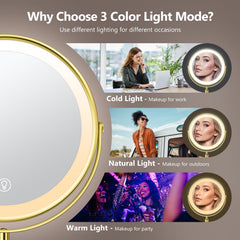 UBYMET vanity mirror light modes offering white, warm, and cool tones for different tasks